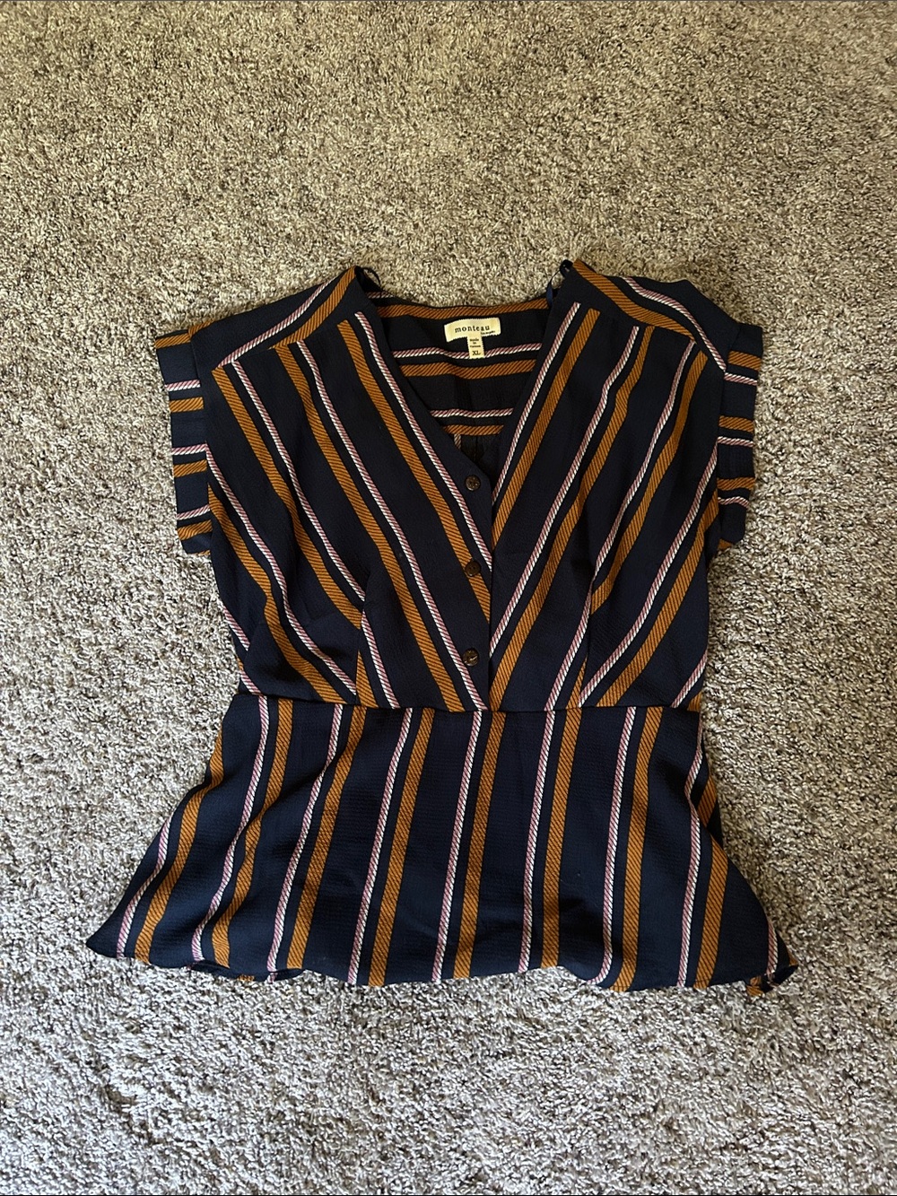 Monteau V-Neck Striped Peplum Top in Navy and Mustard